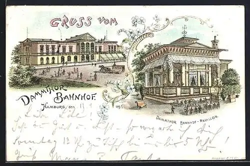 Lithographie Hamburg-Rotherbaum, Bahnhof und Gasthaus Dammtor Bahnhof-Pavillon