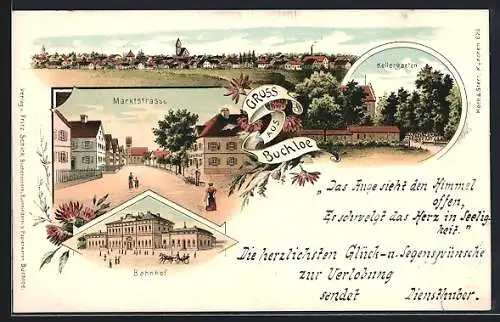 Lithographie Buchloe, Totalansicht, Marktstrasse, Kellergarten, Bahnhof