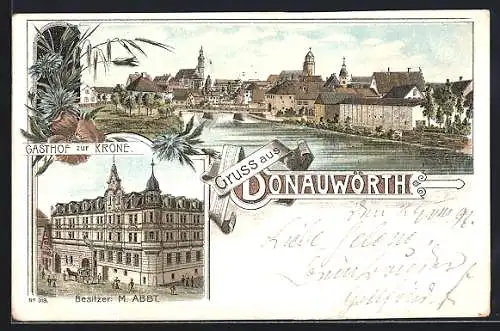 Lithographie Donauwörth, Gasthof zur Korne, Uferpartie