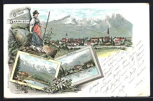 Lithographie Garmisch, Teilansichten mit Badersee und Eibsee