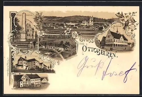 Lithographie Ottobeuren, Weinrestaurant und Knabenschule, Amtsgebäude, Rathaus