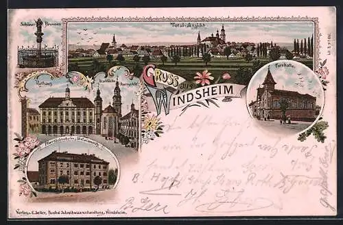 Lithographie Windsheim, Rathaus, Schöne-Brunnen, Pfarrtöchterheim Stefanienstift