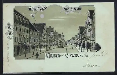 Mondschein-Lithographie Günzburg a. D., Strassenpartie mit Apotheke