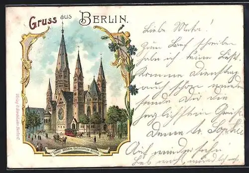 Lithographie Berlin-Charlottenburg, Kaiser Wilhelm-Gedächtniss-Kirche mit Pferdebahn, Ornament-Rahmen