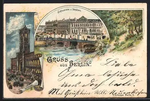 Lithographie Berlin, Rathaus bei Mondschein, Schlossbrücke und Zeughaus, Waldpartie