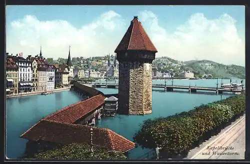 AK Luzern, Kapellbrücke und Wasserturm