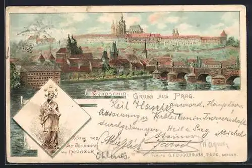 Lithographie Prag, Hradschin, Statue des St. Johannes von Nepomuk