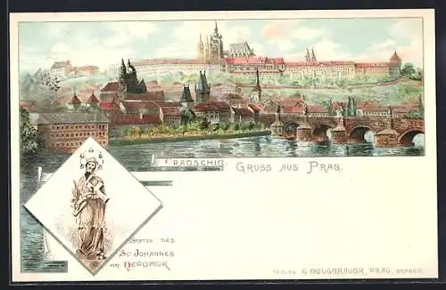 Lithographie Prag, Hradschin, Statue des St. Johannes von Nepomuk