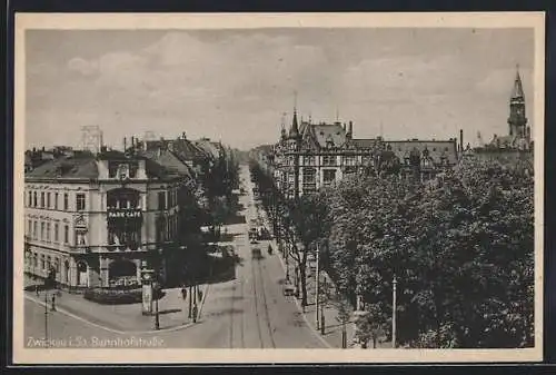 AK Zwickau, Blick in die Bahnhofstrasse aus der Vogelschau