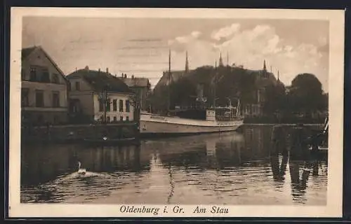 AK Oldenburg i. Gr., Am Stau mit Dampfer