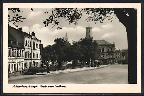 AK Schneeberg /Erzgeb., Strassenpartie mit Rathaus