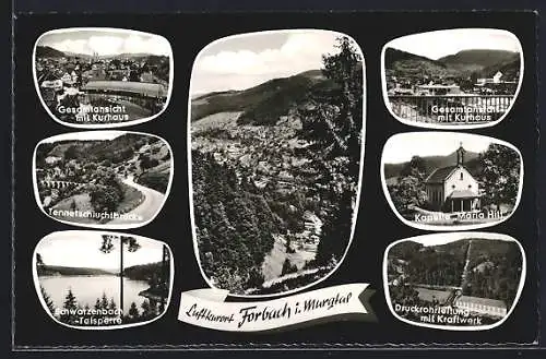 AK Forbach i. Murgtal, Kurhaus, Tennetschluchtbrücke und Talsperre