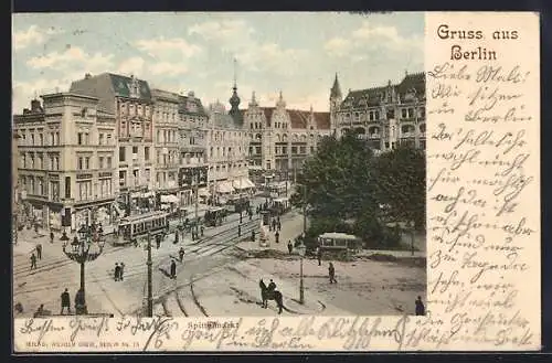 AK Berlin, Strassenleben am Spittelmarkt, Litfasssäule, Strassenbahn