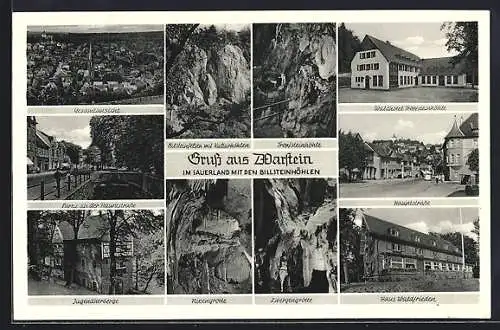 AK Warstein im Sauerland, Gesamtansicht, Partie an der Hauptstrasse, Haus Waldfrieden, Waldhotel Tropfsteinhöhle