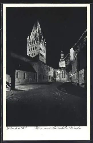 AK Soest i. W., Petri- und Patrokli-Kirche bei Nacht