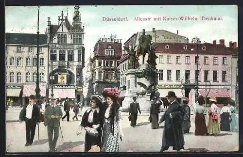 AK Düsseldorf, Alleestrasse mit Geschäften und Kaiser-Wilhelm-Denkmal