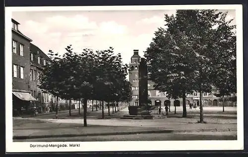 AK Dortmund-Mengede, Markt mit Brunnen