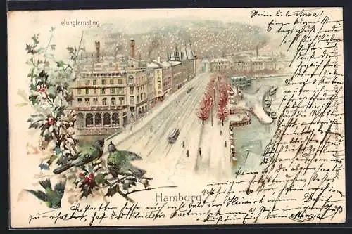 Lithographie Hamburg-Neustadt, Jungfernstieg mit Strassenbahn im Winter