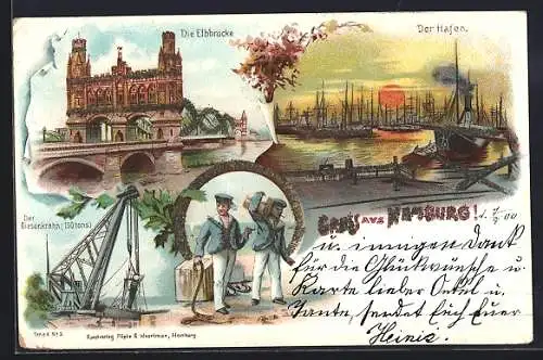 Lithographie Hamburg-Rothenburgsort, Elbe mit Elbbrücke, Hafen im Dämmerungslicht, Riesenkrahn