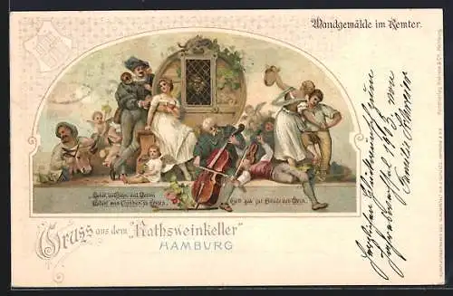 Lithographie Hamburg, Gasthaus Rathsweinkeller, Wandgemälde im Remter