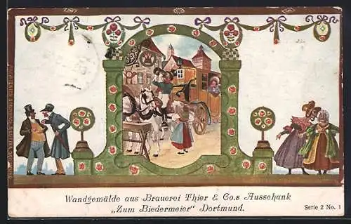 Künstler-AK Dortmund, Gasthaus und Brauerei Thier & Co. Zum Biedermeier, Wandgemälde mit Postkutsche