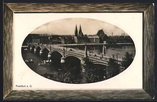 Präge-AK Frankfurt a. O., Uferpartie mit Kirche und Brücke, Passepartout