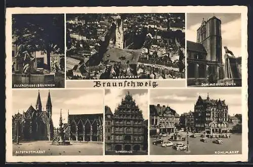 AK Braunschweig, Dom mit Burglöwen, Hagenmarkt, Gewandhaus