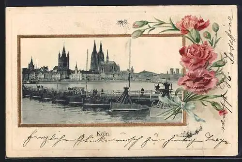 Lithographie Köln, Uferpartie mit Dom, Nelken, Passepartout