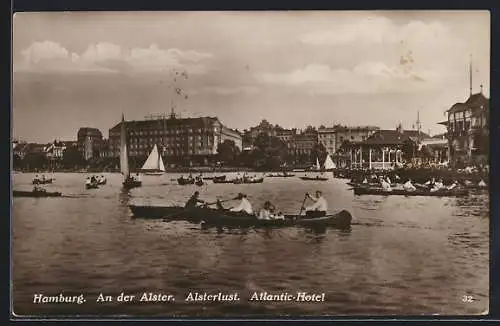 AK Hamburg-St.Georg, Atlantic-Hotel und Cafe Alsterlust an der Alster