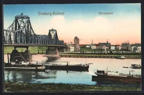 AK Duisburg-Ruhrort, Rheinpartie mit Brücke