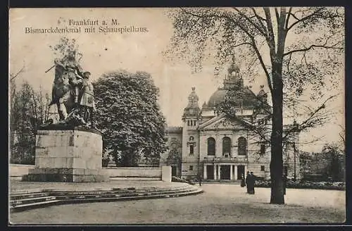 AK Frankfurt a. M., Bismarckdenkmal mit Schauspielhaus