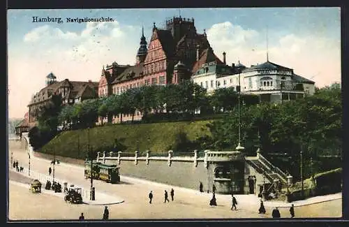 AK Hamburg-St.Pauli, Navigationsschule mit Strassenbahn