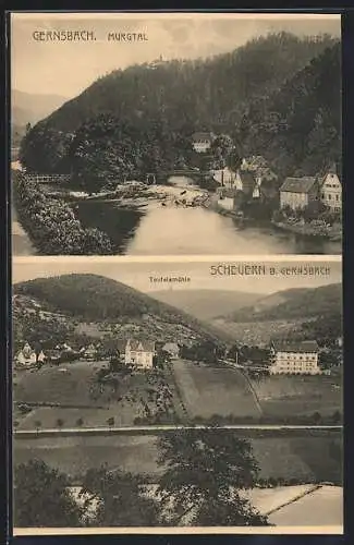 AK Gernsbach /Murgtal, Uferpartie mit Brücke, Scheuern mit Teufelsmühle