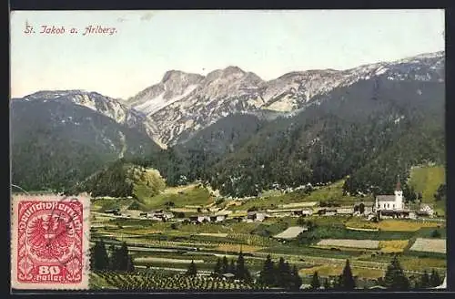 AK St. Jakob a. Arlberg, Gesamtansicht mit Bergoanorama aus der Vogelschau