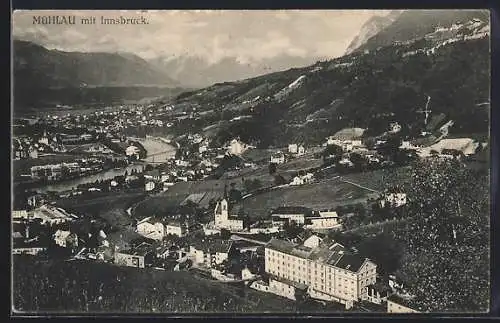 AK Mühlau, Ortsansicht mit Innsbruck aus der Vogelschau