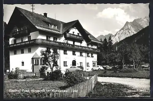 AK Hinterriss im Karwendel, Gasthof Post mit Bergpanorama