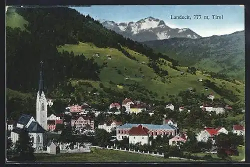 AK Landeck, Ortsansicht mit Kirche und Bergpanorama