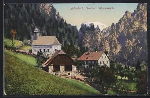 AK Johnsbach, Blick zur Kirche mit Gesäuse