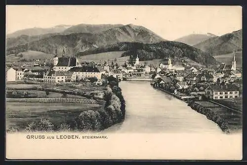 AK Leoben /Steiermark, Panoramaansicht am Fluss