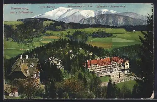 AK Semmering, Teilansicht mit Villen Leibenfrost und Meran, Kurhaus Semering und dem Schneeberg