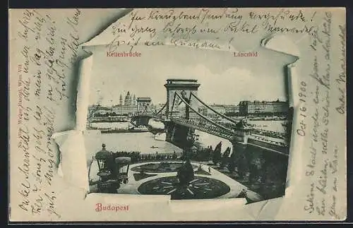 AK Budapest, Kettenbrücke im Papier-Passepartout