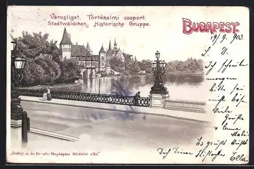 Lithographie Budapest, Stadtwäldchen und historische Gruppe