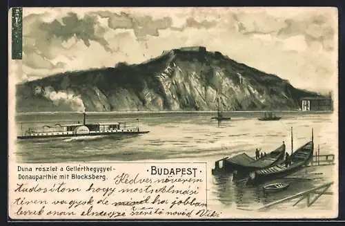 Lithographie Budapest, Donaupartie mit Blocksberg