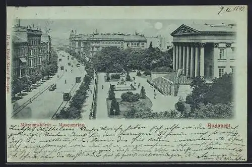 Mondschein-AK Budapest, Strassenbahnen am Museumring