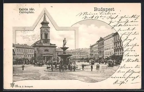 AK Budapest, Strassenbahnen am Calvinplatz