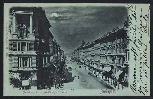 Mondschein-AK Budapest, Andrassy-Strasse bei Nacht