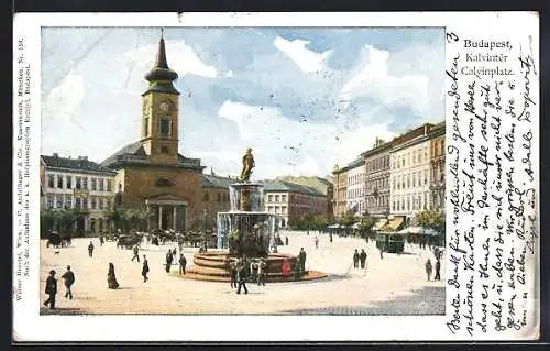 AK Budapest, Calvinplatz mit Kirche und Denkmal