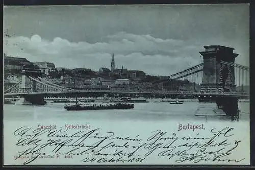 Mondschein-AK Budapest, Lastkahn unter der Kettenbrücke