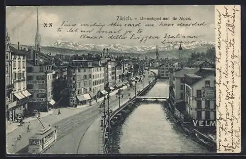 AK Zürich, Limmatquai und die Alpen, mit Strassenbahn