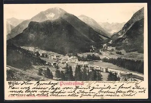 AK Pontresina, Gesamtansicht mit Bergen aus der Vogelschau